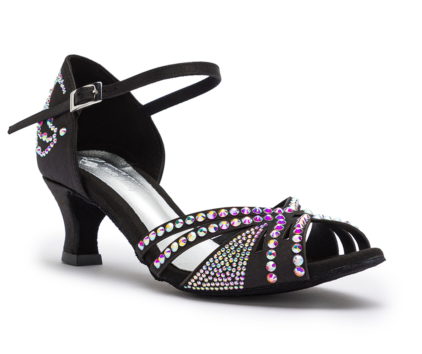 DQ L3M Tanzschuhe in Schwarz mit Strass von Dancing Queens, mit Knöchelriemen und bunten Verzierungen.